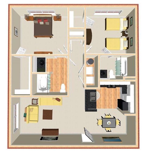 Floor plan for 2 beds, 2 baths, 1085 sqft